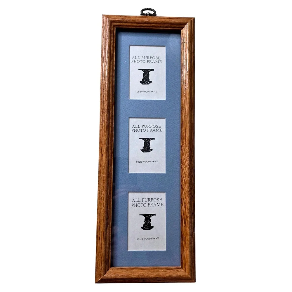 Vtg Solid Wood 3 2x3 Opening Vertical Picture Frame Brown Oak Hunter Blue 14x6